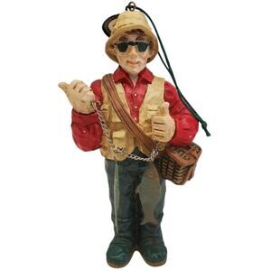 Vintage Fisherman Christmas Ornament Wood Hand Carved NEW OS Grandpa Dad